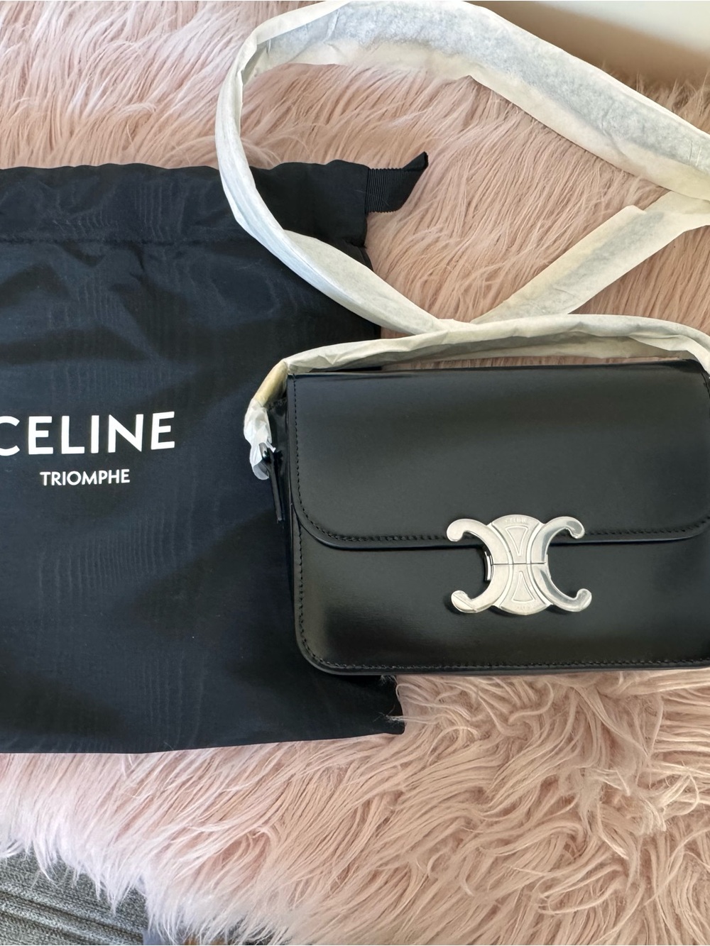 Celine BRAND NEW Black Teen Triomphe Crossbody Bag with Silver Hardware